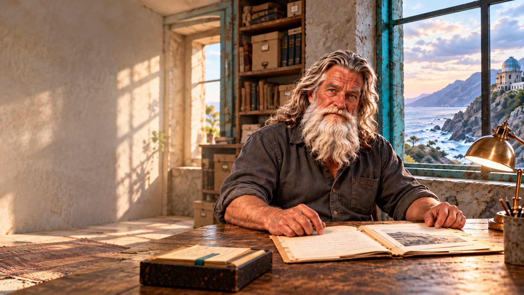 The silver-haired Archivist sits with an open record file in a coastal archive overlooking cliffs and an observatory
