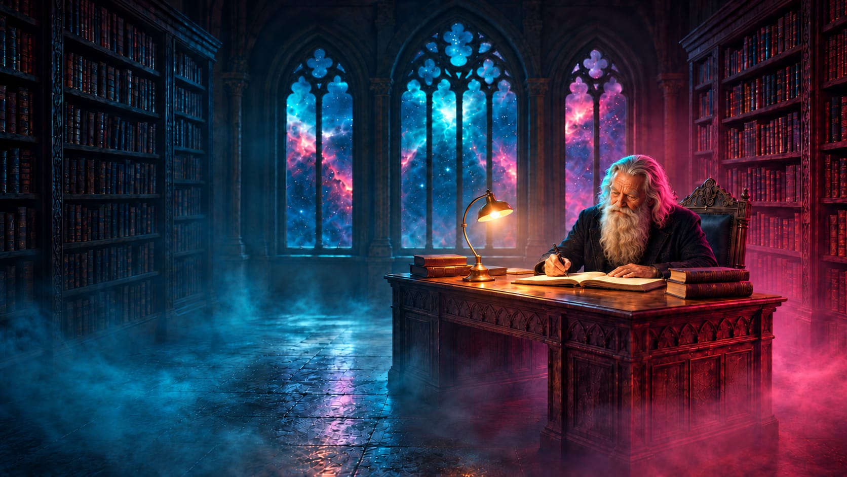 The Archivist writes at a lamplit desk in a gothic library beneath cosmic windows