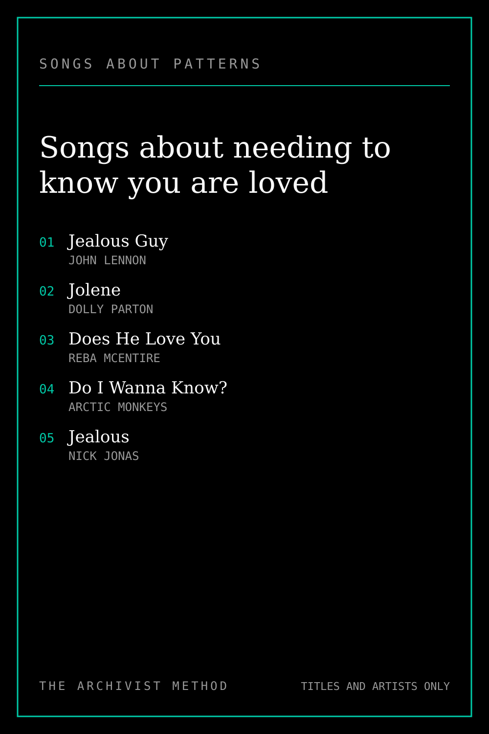 Songs about needing to know you are loved: the playlist card